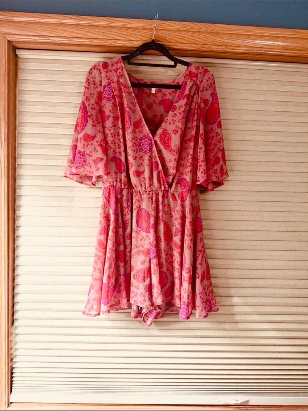 GB Women's Pink Paisley Short Romper with Flutter Sleeves